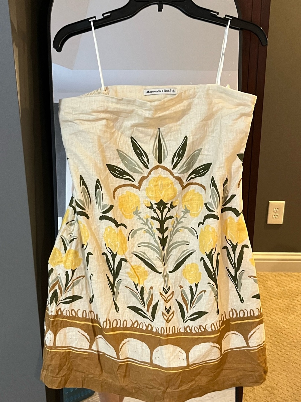 Abercrombie & Fitch Cream Strapless Floral Linen Dress with Yellow & Olive Motif